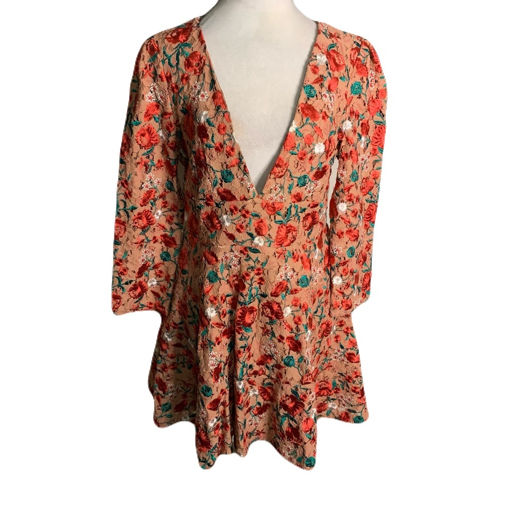 Lovers + Friends Womens Large Red Floral Embroidered Deep V Neck Vira Mini Dress